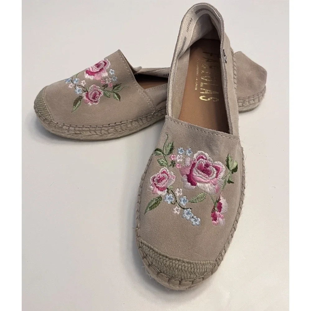 New FABIOLAS Sz 9 40 Espadrilles Suede Embroidered Flats Beige Tan Anthropologie